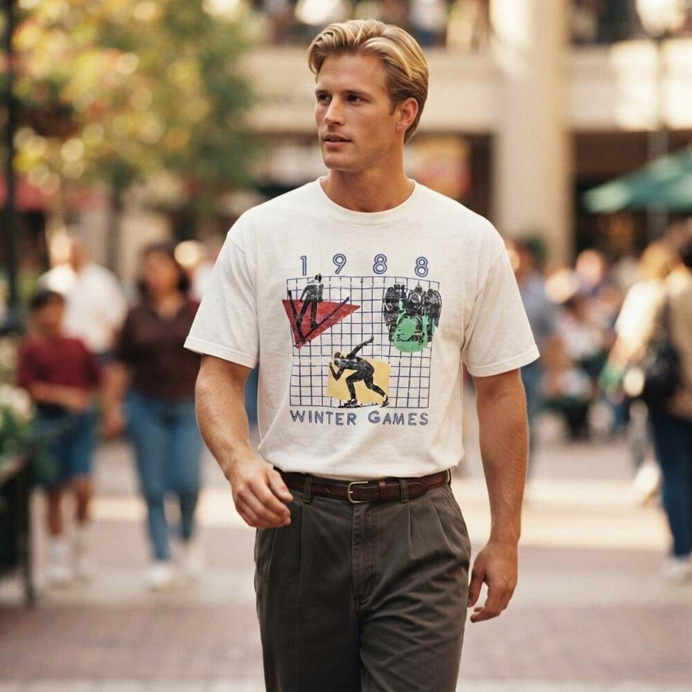St John's Bay Men M T-Shirt White Cotton Winter Games Graphic Retro Niche 1988